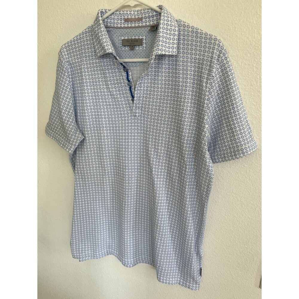 Ted Baker London Mens Medallion Print Polo Shirt Sz 4 Blue White US L Preppy
